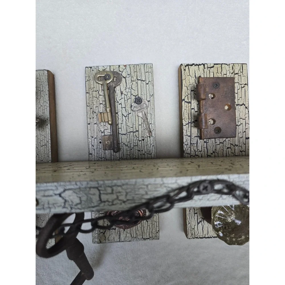 Steampunk Rustic Wood Wall Shelf Vintage Keys Doorknob Crackle Finish Farmhouse